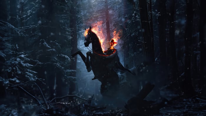 Ghost Rider on a horse in a snowy forest
