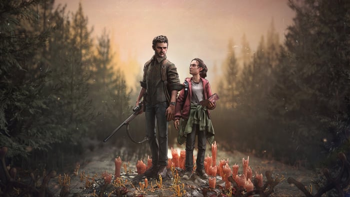 The Last of Us Joel and Ellie in a forest