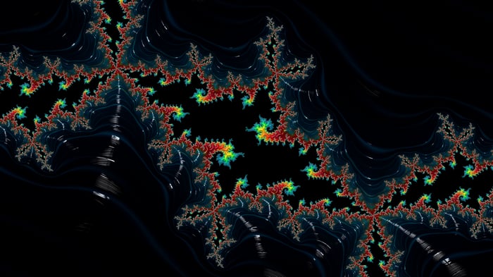 Psychedelic fractal pattern with red, yellow, and blue colors