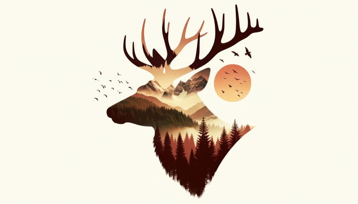 Deer silhouette with mountain landscape and sun