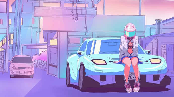 Synthwave Rider Girl Sitting on a Car