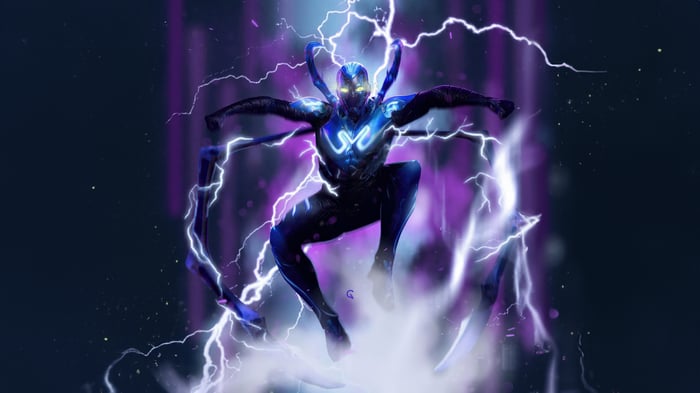 Blue Beetle surrounded by purple lightning