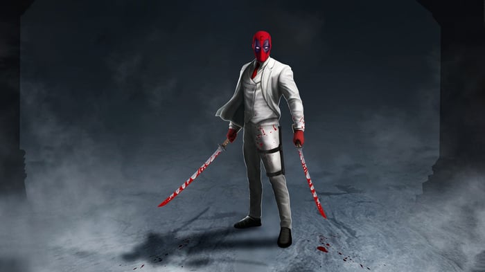 Deadpool in a white suit with katanas