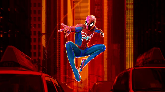 Spider-Man in a dynamic pose in a city at night