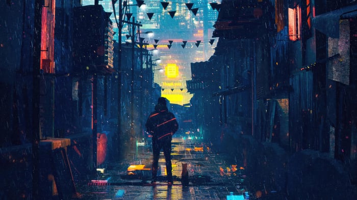 Person and cat in a rainy cyberpunk alley