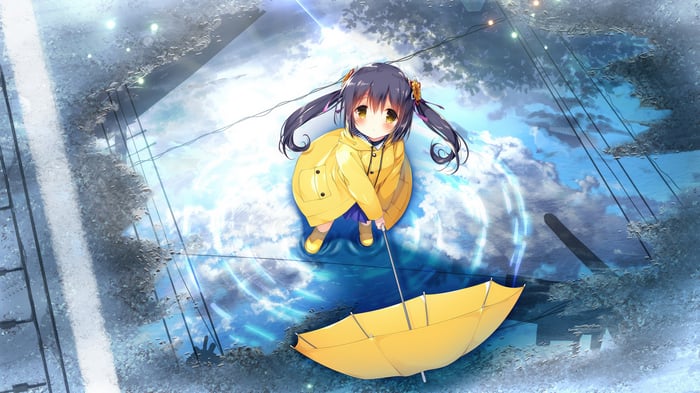 Girl in Yellow Raincoat with Umbrella in Puddle