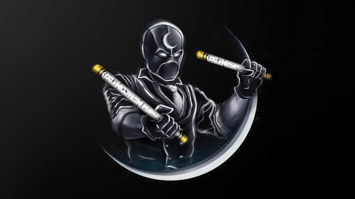 Moon Knight holding batons with crescent moon emblem
