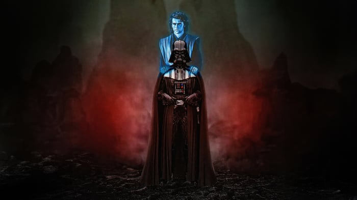 Anakin Skywalker's Force Ghost over Darth Vader