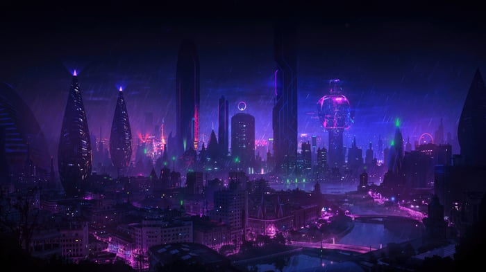 Futuristic Cityscape with Neon Lights and Rain
