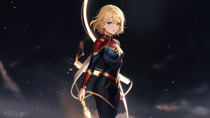 Captain Marvel in a dark, starry sky