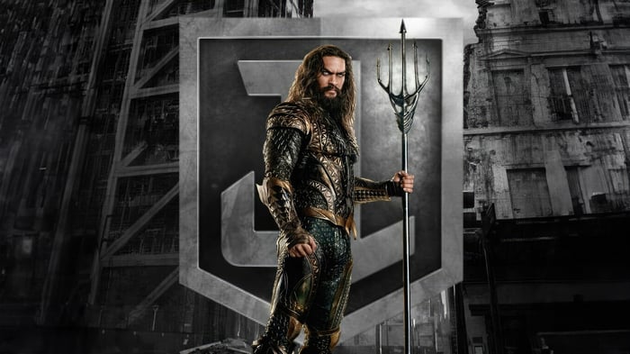 Aquaman with Trident and Justice League Logo
