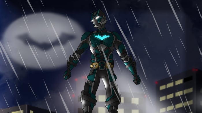 Batman Beyond in a rainy Gotham City