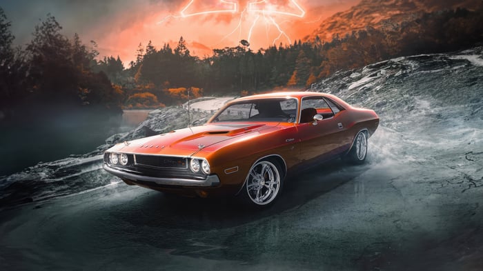 Orange Dodge Challenger in a Stormy Landscape