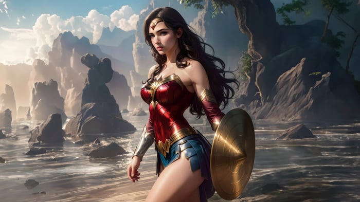 Wonder Woman in a rocky, watery landscape