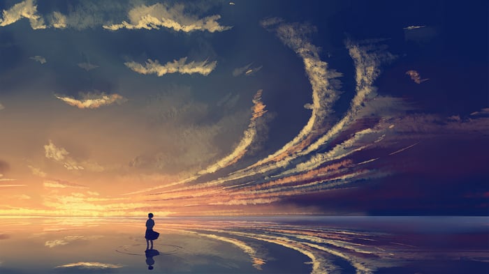 Anime girl standing by a reflective lake at sunset