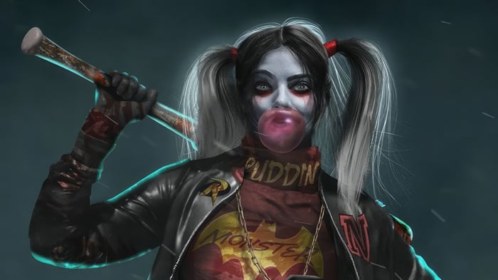 Harley Quinn with a baseball bat and bubblegum
