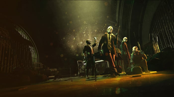 Payday The Heist characters in a dimly lit hall