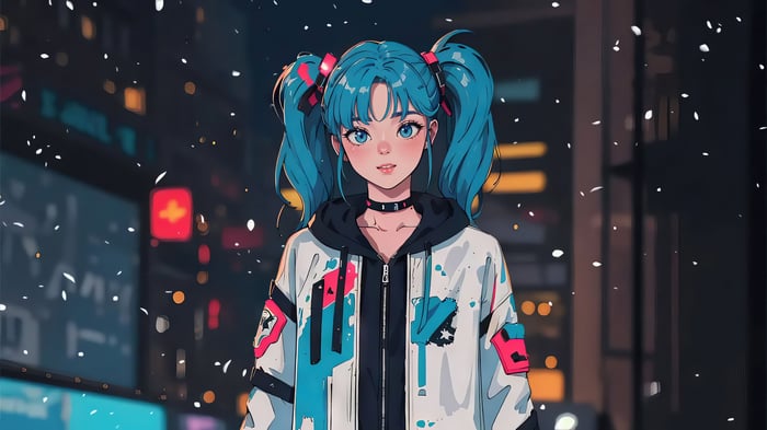 Anime girl with blue pigtails in a snowy city