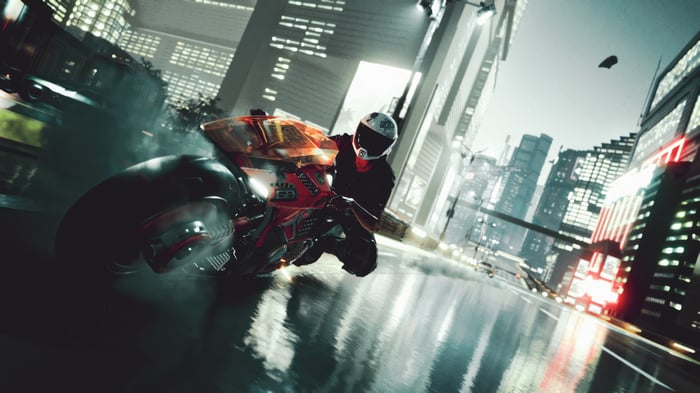 Cyberpunk 2077 Biker racing through a futuristic city