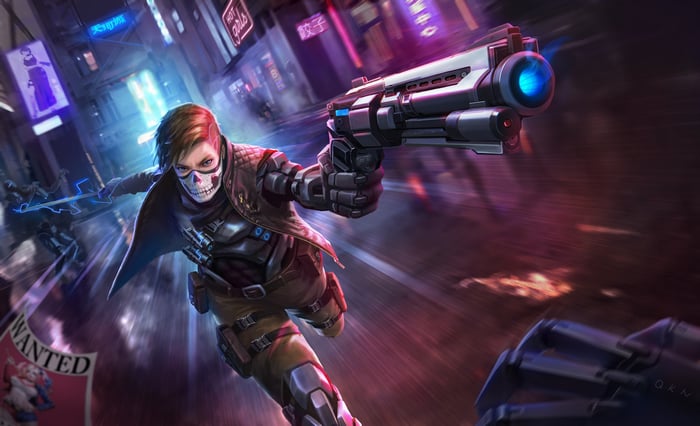 Bounty Hunter with Skull Mask and Gun in Neon City
