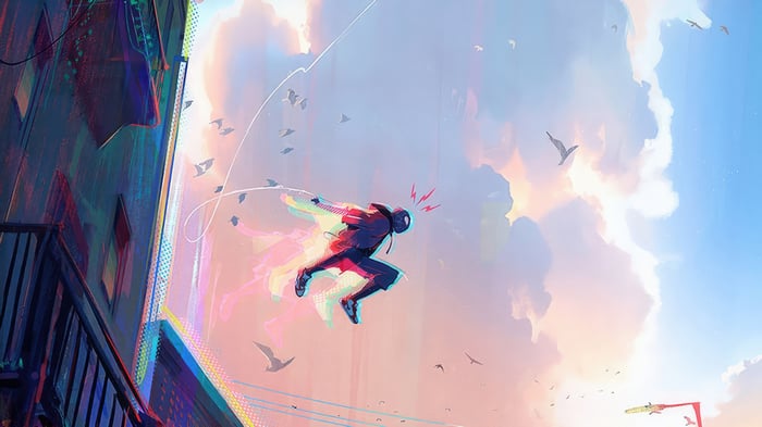 Spider-Man jumping between buildings at sunset