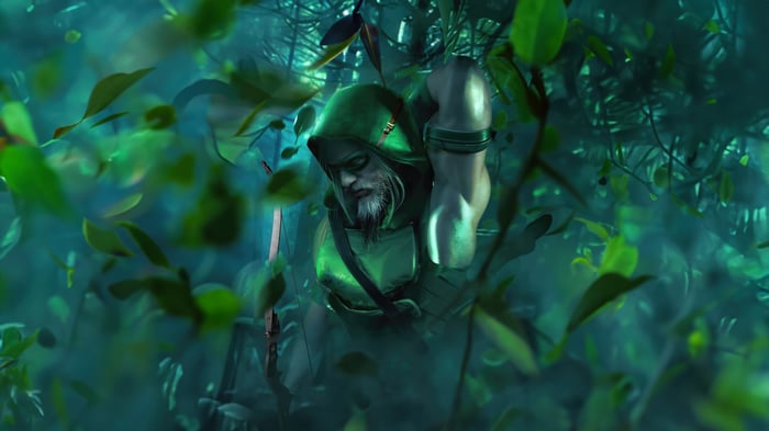 Green Arrow in a dense, green forest