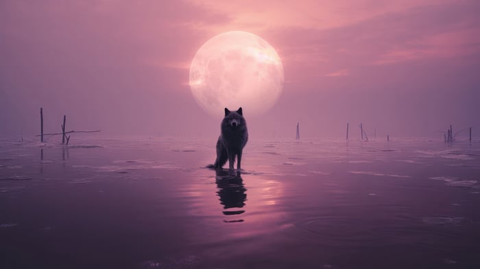 Wolf under a large pink moon