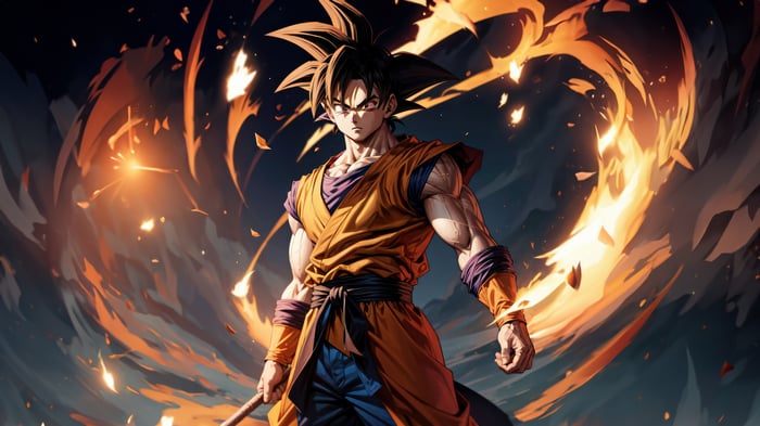 Goku from Dragon Ball Z with fiery background