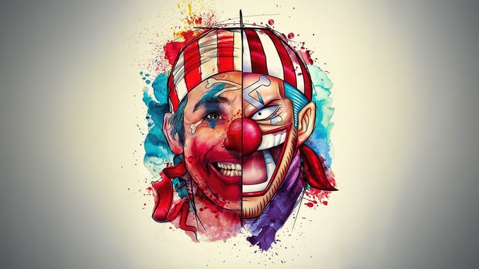 Buggy The Clown split face watercolor art