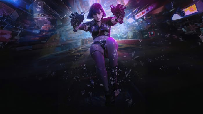 Girl firing guns in a futuristic city at night