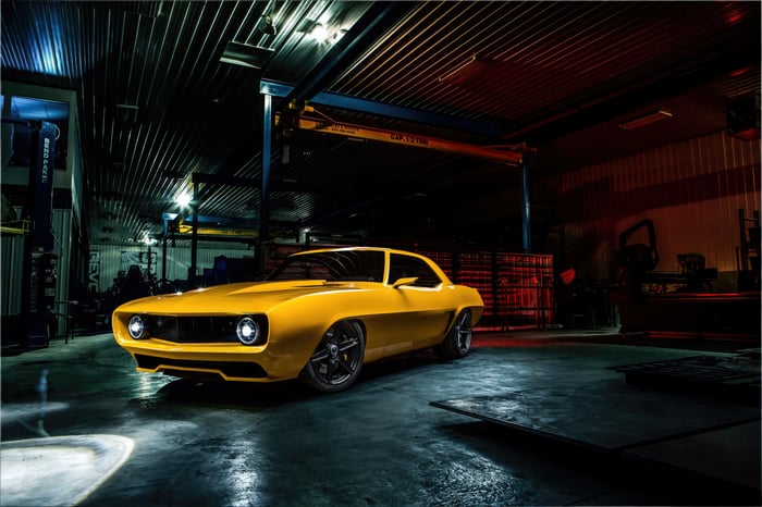 Yellow Chevrolet Camaro Inferno in a garage