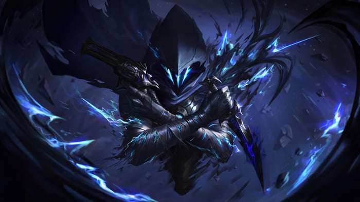 Omen from Valorant shrouded in darkness with glowing eyes