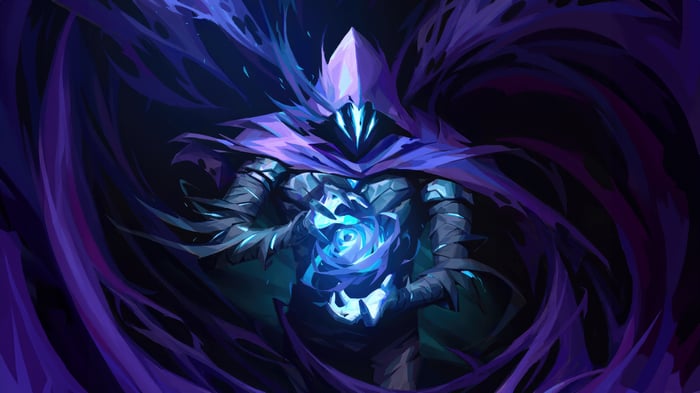 Omen holding a glowing blue rose