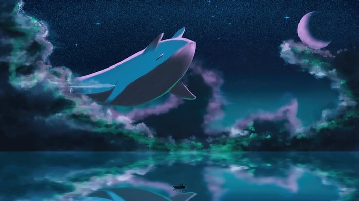 Whale swimming in the night sky above the ocean