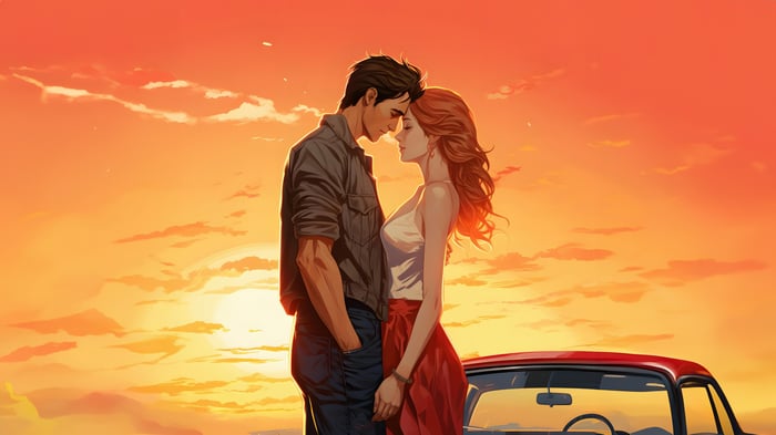 Couple Embracing by a Red Car at Sunset