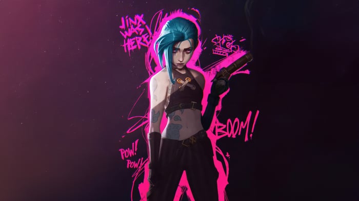 Jinx from Arcane holding a gun with graffiti