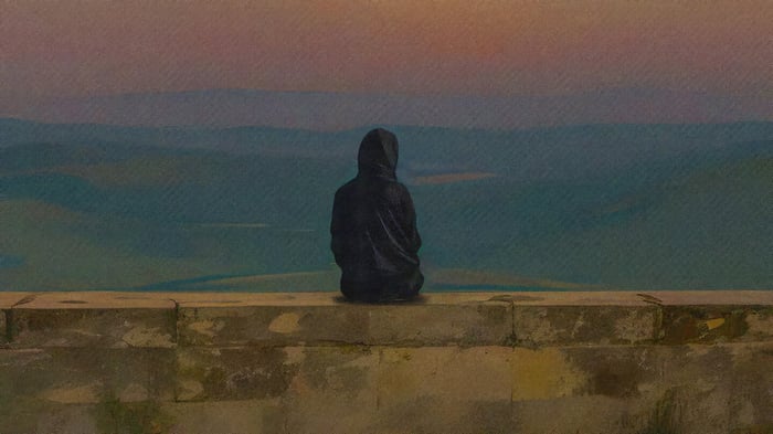 Person in hoodie sitting on wall overlooking landscape