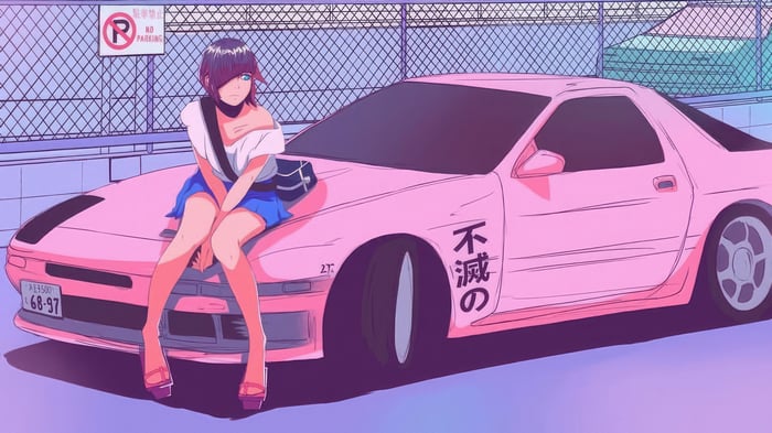 Anime girl sitting on a pink car