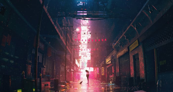 Person and cat on a rainy neon street