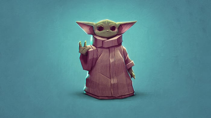 Baby Yoda Waving on a Teal Background