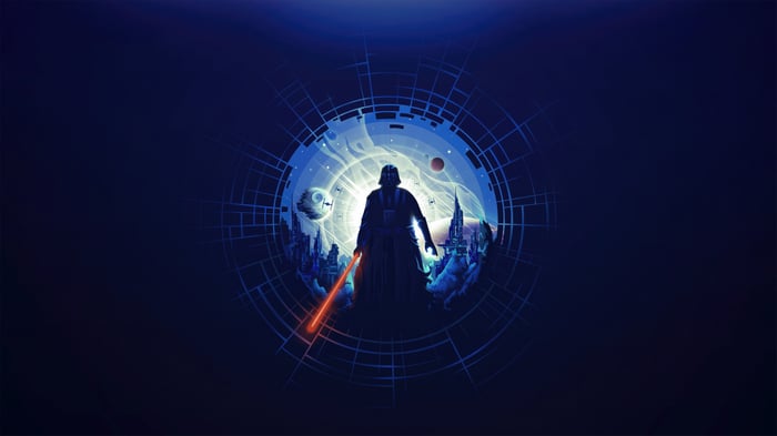 Darth Vader with Lightsaber in Sci-Fi Cityscape