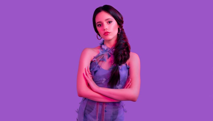 Jenna Ortega in a purple dress