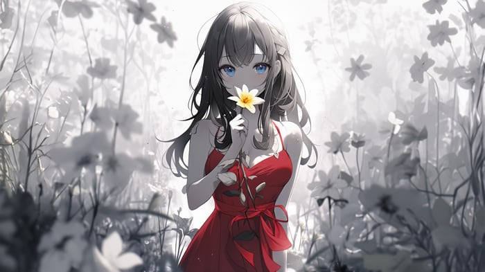 Anime Girl in Red Dress Holding a Flower