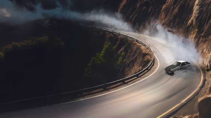 Initial D car drifting on a mountain road