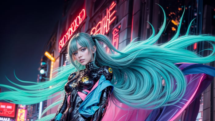 Anime Girl with Mesmerizing Long Hair in Neon City