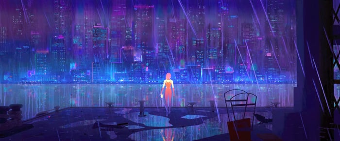Gwen Stacy in a rainy futuristic city