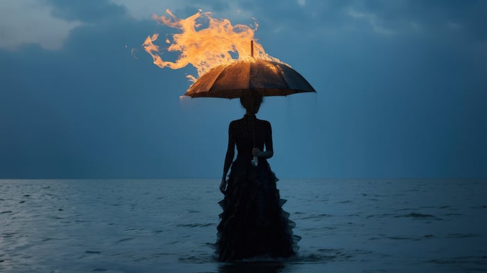 Girl with burning umbrella in the ocean