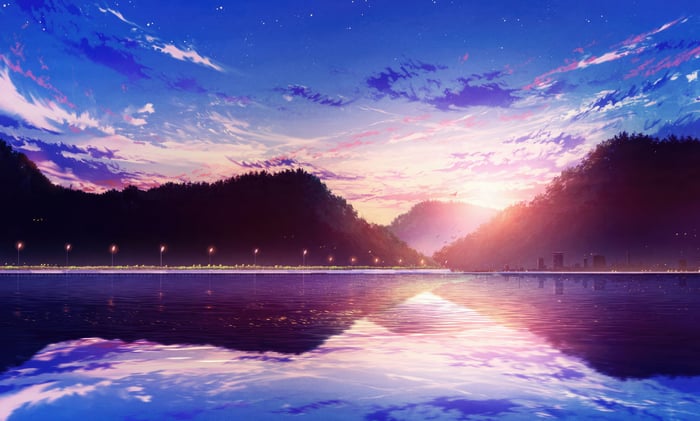 Anime sunset over a lake with mountains and city lights