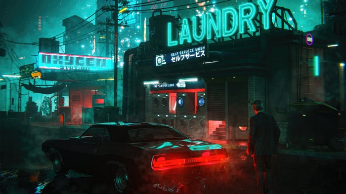 Cyberpunk Laundry and Oxygen Sign at Night