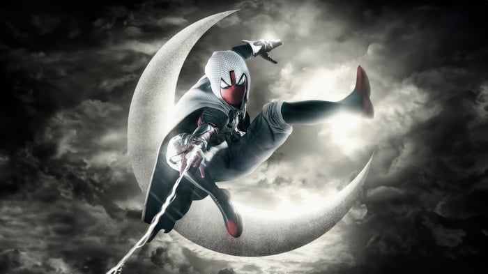 Spider-Man in front of a crescent moon
